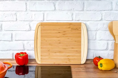Vista 9 de Tabla de cortar de madera para cocina, tabla de cortar de bambú de 14 x 11 pulgadas con ranura para jugo, tabla de cortar de madera, bandeja