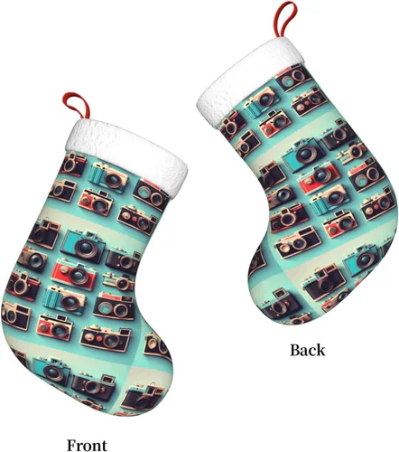 Vista 5 de Retro Cool Camera Collection Print Christmas Stocking, Christmas Tree Decor Stocking, Flannel Cuff With Hanging Ribbonâ€‹