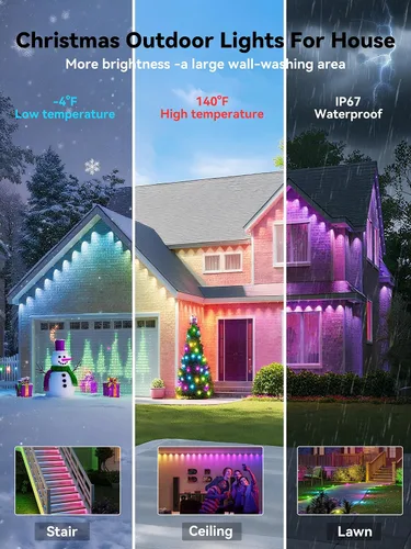 Vista 3 de Luces Permanentes para Exteriores, 100 pies RGB IP67 Impermeables para Aleros, Luces LED Inteligentes para Exterior de Casa con Control por