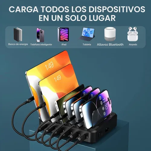 Vista 5 de Estación de carga para múltiples dispositivos, 65 W, 6 puertos, estación de carga rápida USB C con 6 cables de carga mixtos, base de carga