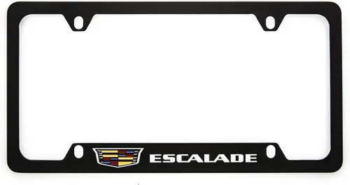 Vista 2 de Cadillac Escalade con marco de placa de matrícula de zinc con cresta y acabado negro brillante (4 agujeros)