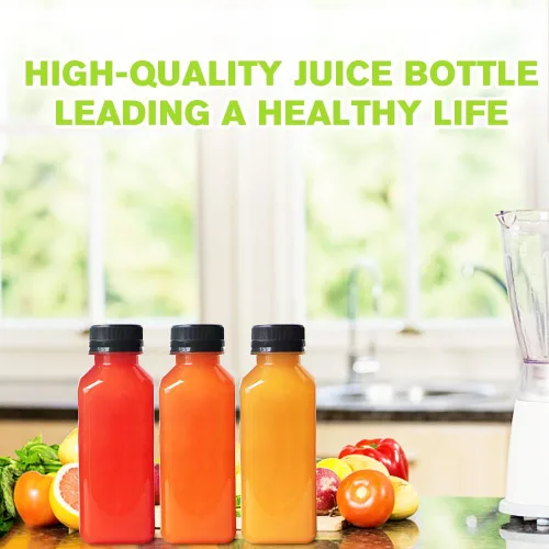 Vista 4 de Botellas de jugo de plástico con tapas 12 piezas - 355 ml Botellas reutilizables con tapas a prueba de manipulación negras - Botellas transparentes