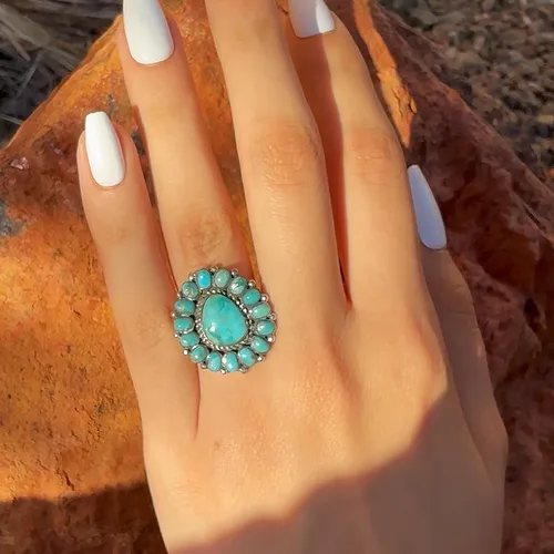 Vista 2 de Anillo turquesa de plata de ley 925 con piedras preciosas genuinas estilo suroeste