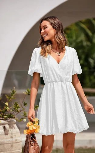 Vista 7 de PRETTYGARDEN Vestido corto de verano para mujer, manga abombada, con volantes, cuello en V, línea A, vestido cruzado