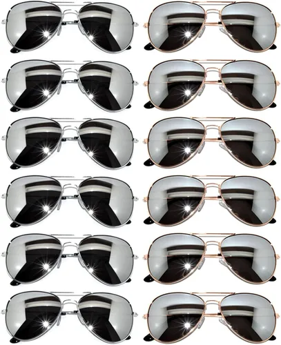 Vista 12 de OWL Paquete de 12 lentes de sol de aviador a granel de metal dorado, plateado, marco negro para hombres y mujeres, gafas de fiesta