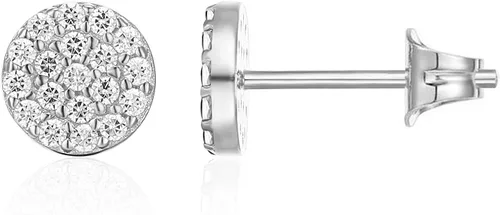 Vista 9 de PAVOI Aretes de plata de ley 925 chapados en oro de 14 quilates para mujer Mini disco de circonita cúbica pavimentada Aretes de oro para mujer