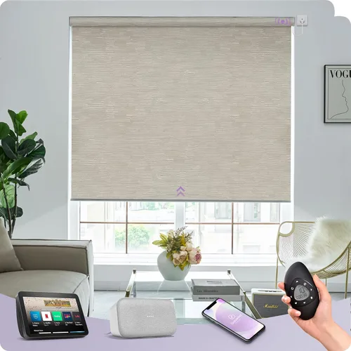 Vista 29 de Graywind Persianas enrollables motorizadas 100% opacas compatibles con Alexa Google, de vinilo, impermeables, inalámbricas, control remoto A-Beige