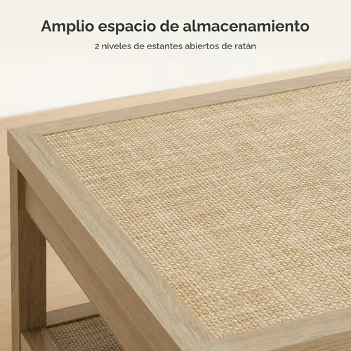Vista 4 de SICOTAS - Mesa de café de ratán para sala de estar - Mesa central de comedor rectangular de estilo bohemio con estante de almacenamiento de ratán