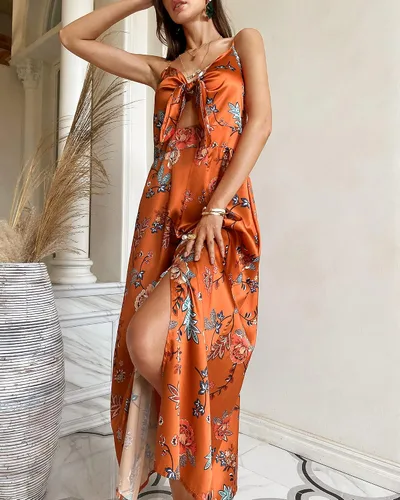 Vista 4 de Fashionme - Vestidos de satén, longitud por debajo de la rodilla, con tirantes delgados, para mujer, con lazo frontal, espalda descubierta