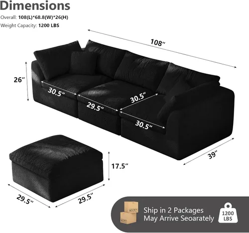Vista 2 de Sofá modular de nube sin hueso de 108 pulgadas con asiento profundo para sala de estar, sofá en forma de L con otomana, tela de copo de nieve y Negro