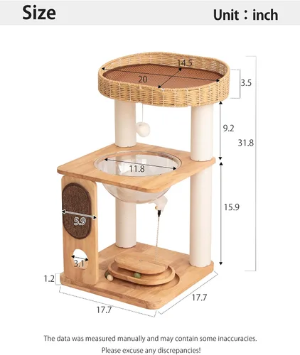 Vista 2 de Árbol de madera para gatos grandes, torre moderna para gatos con estantes anchos, postes rascadores de algodón, base súper resistente, perchas