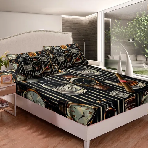 Vista 4 de Manfei Juego de sábanas de reloj para niños, tamaño individual, diseño de retazos a rayas geométricas, decoración de habitación de niños y niñas