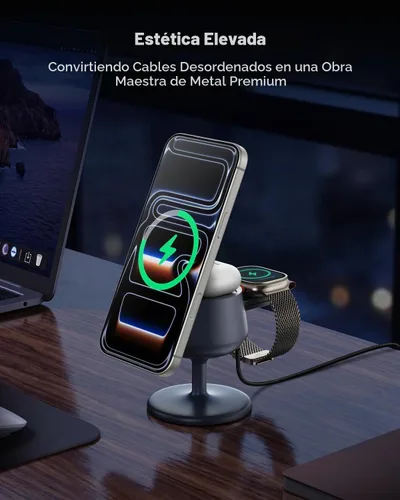 Vista 5 de GEEKERA Estación de carga 3 en 1 de carga rápida certificada Qi2.2 de 25W Gris fantasma