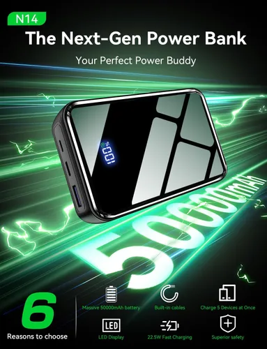 Vista 4 de Cargador portátil 50000mAh, banco de energía 50% más pequeño Negro