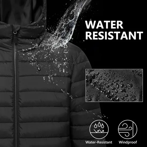Vista 2 de Chaqueta ligera acolchada con capucha para hombre, resistente al agua, con cremallera completa, con aislamiento térmico, abrigos de invierno cálidos