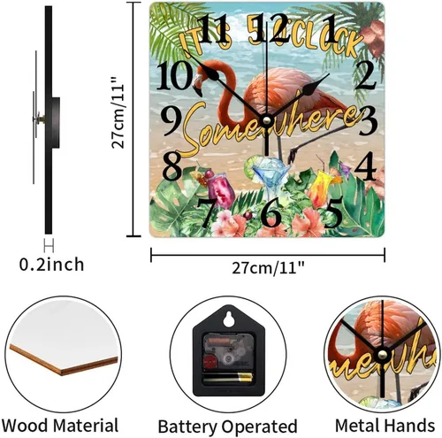 Vista 2 de Reloj de pared de madera con texto en inglés "It's Five O'clock Somewhere Flamingo with Big Numbers", reloj de pared cuadrado, estilo estético