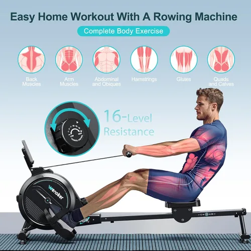 Vista 5 de Wenoker Rowing Machine for Home, Magnetic Rower Machine, 350 LB Weight Capacity, 16-Level Silent Resistance Row Machine for Gym Exercise Full-Body