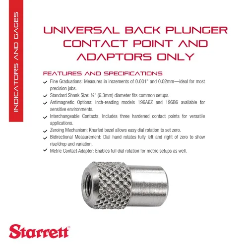 Vista 2 de Starrett Indicador universal de émbolo trasero con punto de contacto y adaptadores solo para la serie 196M solo para usarse sobre obstrucciones
