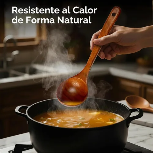 Vista 5 de Juego de utensilios de madera de teca premium, 7 cucharas y espátulas de cocina hechas a mano, antiadherentes, duraderos, resistentes al calor