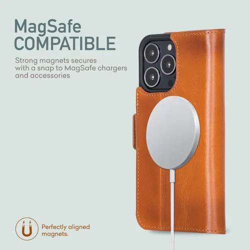 Vista 2 de Bayelon Funda para iPhone 13 Pro Max, funda de piel de grano completo, funda magnética con ranuras para tarjetas, función atril (bronceado rústico)