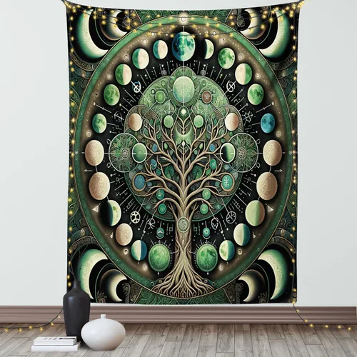 Vista 32 de Ambesonne Tapiz verde, fases lunares alrededor de un árbol de la vida, impresión de diseño bohemio de astrología nocturna, decoración de tela