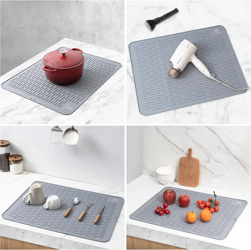 Vista 5 de Tapete de silicona para secar platos para encimera de cocina, extragrande, 23 x 18 pulgadas, resistente al calor, diseño antideslizante, secado Gris