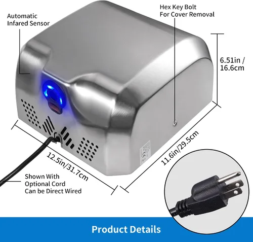 Vista 4 de Goetland Secador de manos comercial de acero inoxidable 1800w automático de alta velocidad resistente con pulido mate, paquete de 2
