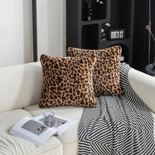 Vista 2 de Fundas de Almohada con Estampado de Leopardo de 18 x 18 Pulgadas Juego de 2 - Fundas de Cojín de Sofá de Piel Sintética Decoración Rústica - Fundas