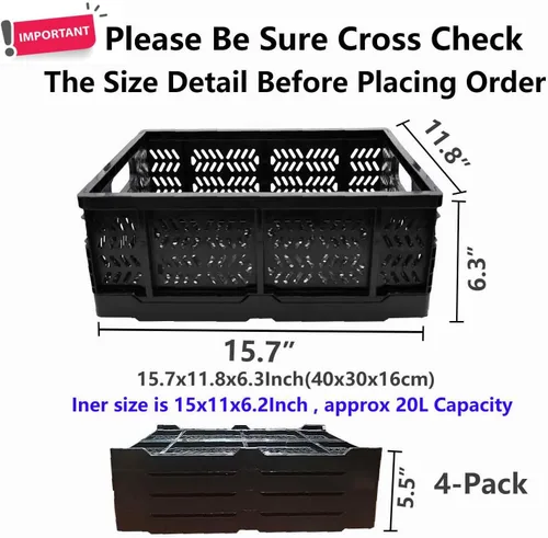 Vista 2 de Paquete de 4 cajas de almacenamiento de plástico, canastas plegables de 20 L, cajas plegables, cestas de almacenamiento y contenedores para negro-4p