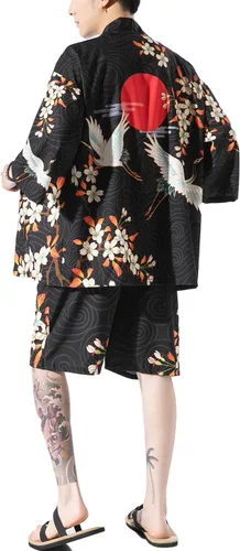 Vista 4 de PRIJOUHE Mens Kimono Two Piece Set Japanese Yukata Summer Beach Outfits