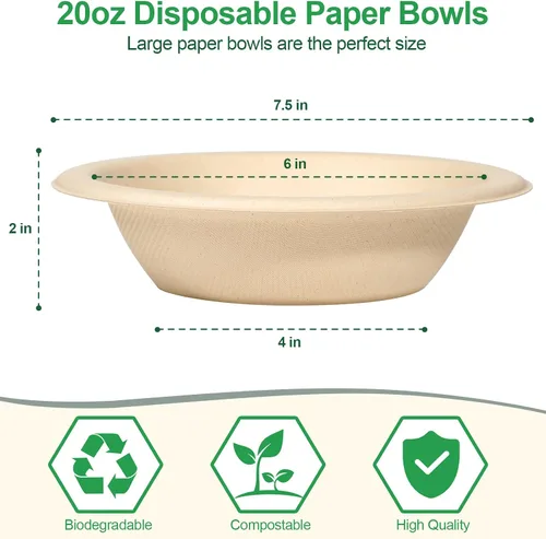 Vista 7 de Cuencos desechables de papel para sopa – Paquete de 50 unidades, resistentes, biodegradables y compostables hechos de caña de azúcar, 20 onzas