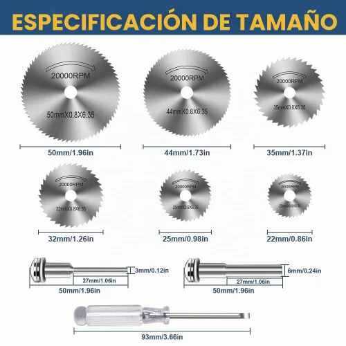 Vista 4 de Hojas de sierra para taladro Dremel 6 piezas de disco de sierra HSS con 2 piezas de vástago redondo de 1/8", 1 pieza de vástago redondo de 1/4