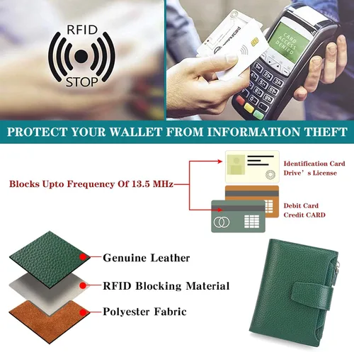 Vista 6 de FALAN MULE Cartera pequeña para mujer, de piel auténtica, plegable, compacta, con bloqueo RFID, pequeña cartera para mujer, Manzana Verde