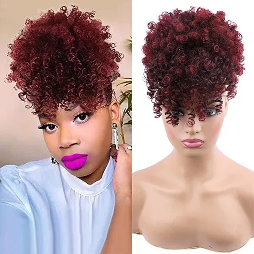 Vista 10 de Cola de caballo con cordón y flequillo, extensiones de cola de caballo afro para mujer, cola de caballo corta y rizada con flequillo con clip para 1b