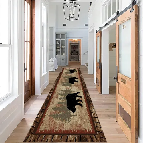 Vista 2 de Alfombras de oso para cabaña, 2 x 6 pies, alfombra de oso negro en bosque de abedules, alfombra absorbente para mascotas, alfombra de entrada de 3