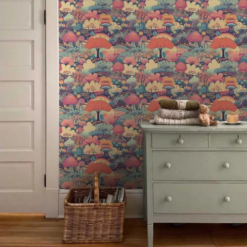 Vista 3 de MuralPeel Flores de Árbol Rosas Coloridas Fantásticas Arcoíris Maravilla de Fantasía Paisaje de Cuento de Hadas Papel Pintado de Despegar y Pegar
