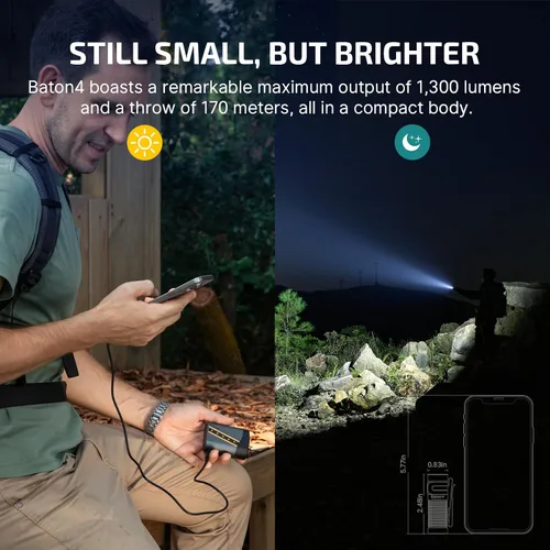 Vista 5 de OLIGHT Baton4 Linterna EDC recargable, luz de bolsillo LED de 1300 lúmenes con cable de carga magnético, 6 modos, IPX8 impermeable para el hogar