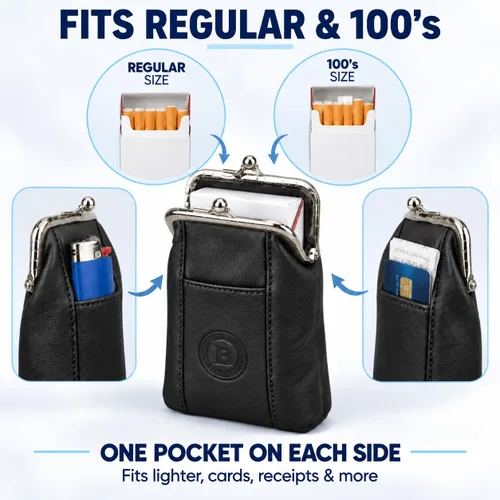 Vista 2 de Funda para cajetilla de cigarrillos de cuero con bolsillo para mechero, regular o 100 unidades, de Leatherboss (negro)