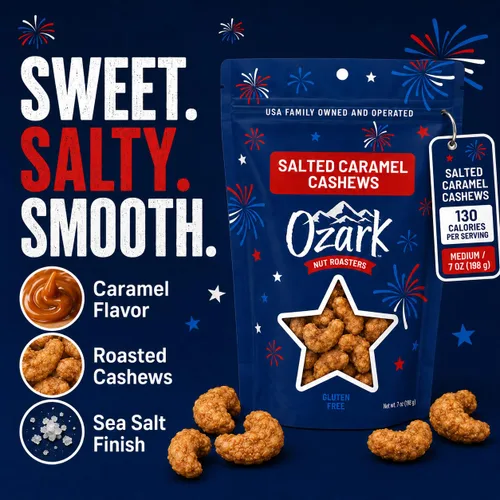 Vista 2 de OZARK NUT ROASTERS Anacardos de caramelo salado, aperitivo gourmet de nueces confitadas, sin gluten, sal marina y anacardos glaseados con caramelo