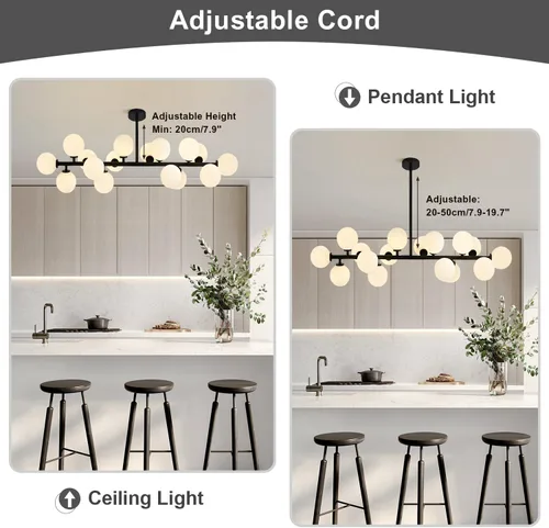 Vista 3 de KCO Lighting Farmhouse - Lámpara de araña de comedor con globo lineal, lámpara de cristal de leche negra, 16 luces Sputnik, lámpara colgante moderna