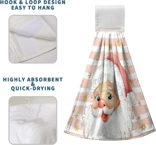 Vista 4 de Toallas de cocina de Papá Noel de Navidad, toallas de mano rosas con lazo para colgar, copos de nieve de invierno, toallas de baño suaves