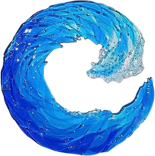 Vista 3 de Escultura de vidrio fundido con ondas, adorno azul degradado creativo, forma de olas del océano, arte para decoración de escritorio, decoración