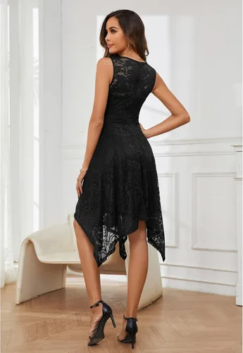 Vista 4 de Meetjen Vestidos de cóctel para mujer 2025 con dobladillo tipo pañuelo, encaje, formal, para invitada de boda, dama de honor, elegante, para Negro