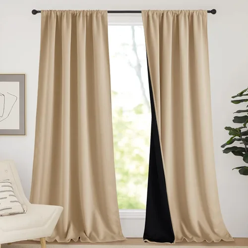 Vista 9 de NICETOWN Biscotti Beige 100% Cortinas opacas de 45" de largo para cocina, bolsillo con varilla para sótano completamente opaco, cortinas térmicas