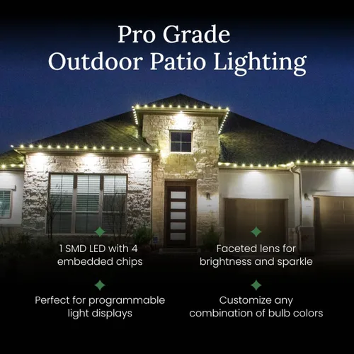 Vista 6 de Pro Christmas - Kit de luces C9 para exteriores, blanco cálido, cable verde, 50 bombillas, 50 pies