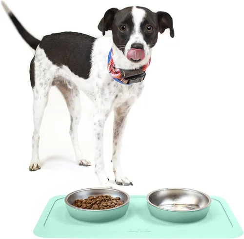 Vista 9 de Ono Good Bowl - Comedero doble para alimentos y agua, tapete de silicona antideslizante para mascotas pequeñas a medianas y cuencos de acero