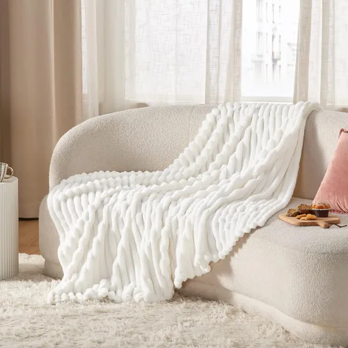 Vista 5 de Bedsure Manta de forro polar (blanco y beige)