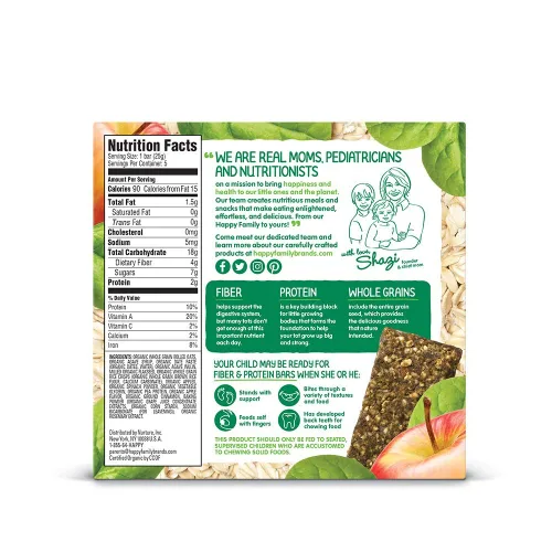 Vista 2 de HAPPYTOT Organics Barras de Avena Horneadas Suaves con Fibra y Proteína Snack para Niños Pequeños Manzana y Espinaca, Barras de 0.88 Onzas, Caja