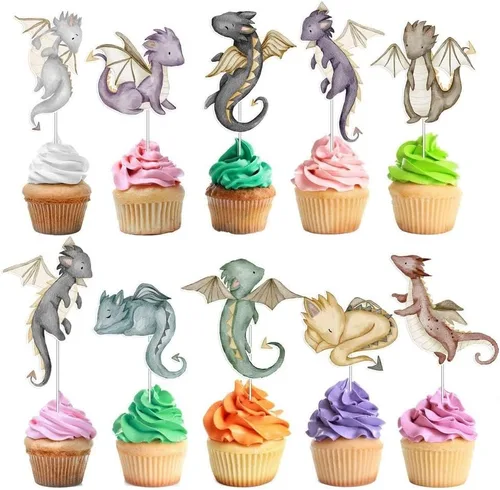 Vista 2 de Decoración para cupcakes de dragón, 10 piezas, suministros para baby shower y fiesta de cumpleaños con lindos dragones de fantasía para niños