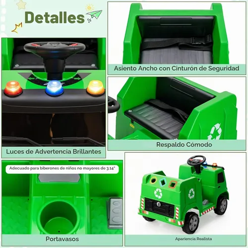Vista 6 de GLACER Coche de paseo para niños, camión de basura de 12 V con control